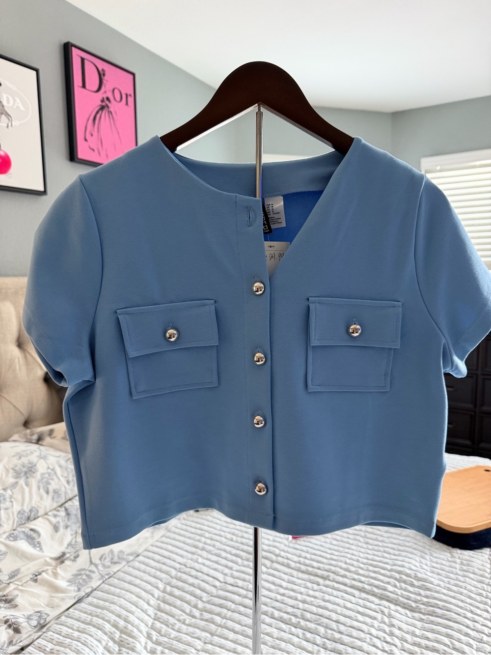 H&M Powder Blue Cropped Button-Front Pocket Top
